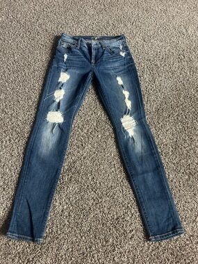 7 For All Mankind Distressed Skinny Jeans in Dark Blue